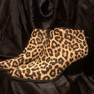 bootie by Bleeker and Bond ; leopard printed real calf fur and genuine leather..